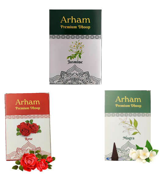 Arham Jasmine, Mogra, Rose Dhoop Cones (Pack of 3) | 21 cones each|